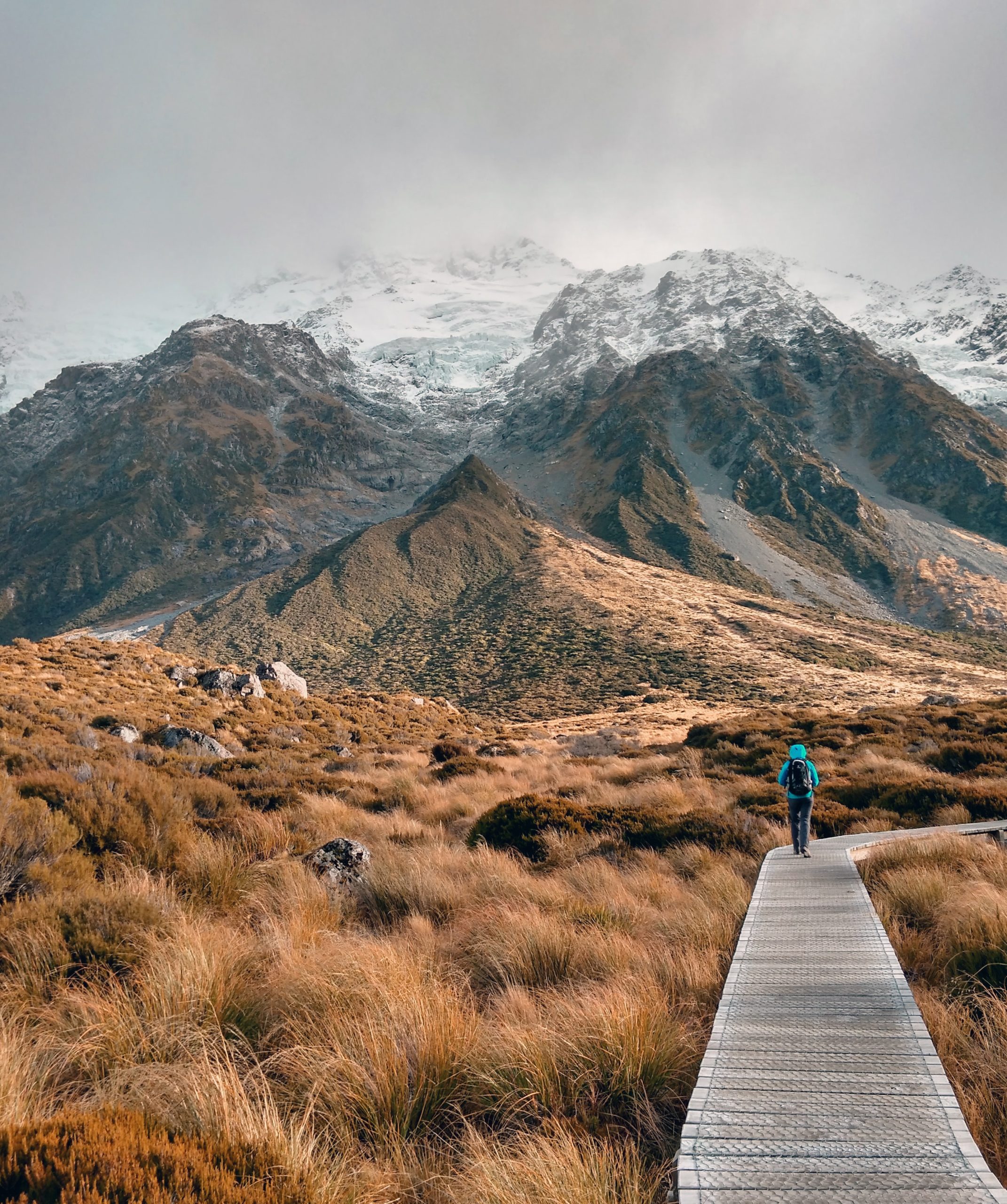 Person hiking in Mount Cook National Park, New Zealand