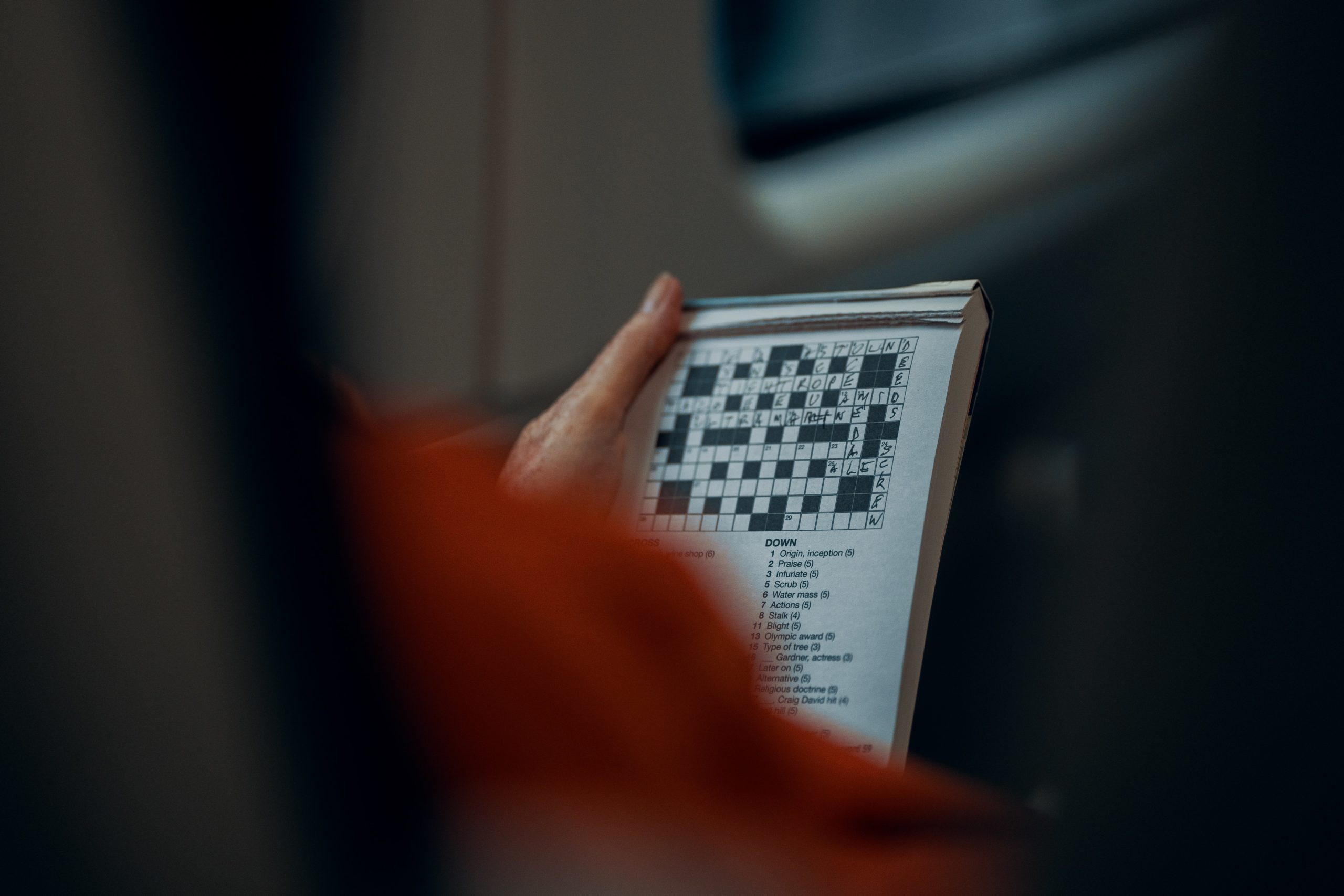person doing crossword on plane
